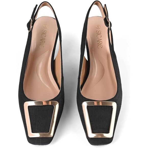 SICARE Slingback Kitten Heels Synthetic Black Closed Square Toe Low Heel Pumps - Picture 3 of 8